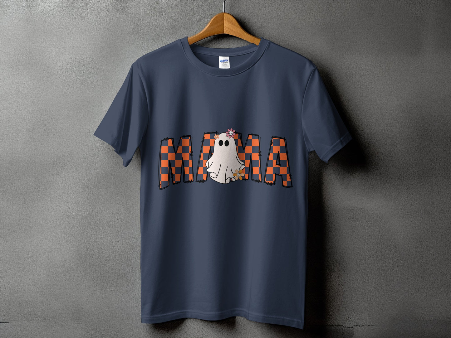 Dark blue t-shirt with "MAMA" text and a ghost graphic for Halloween.