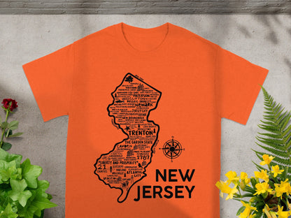 New Jersey State Map Cities Print Orange T-shirt