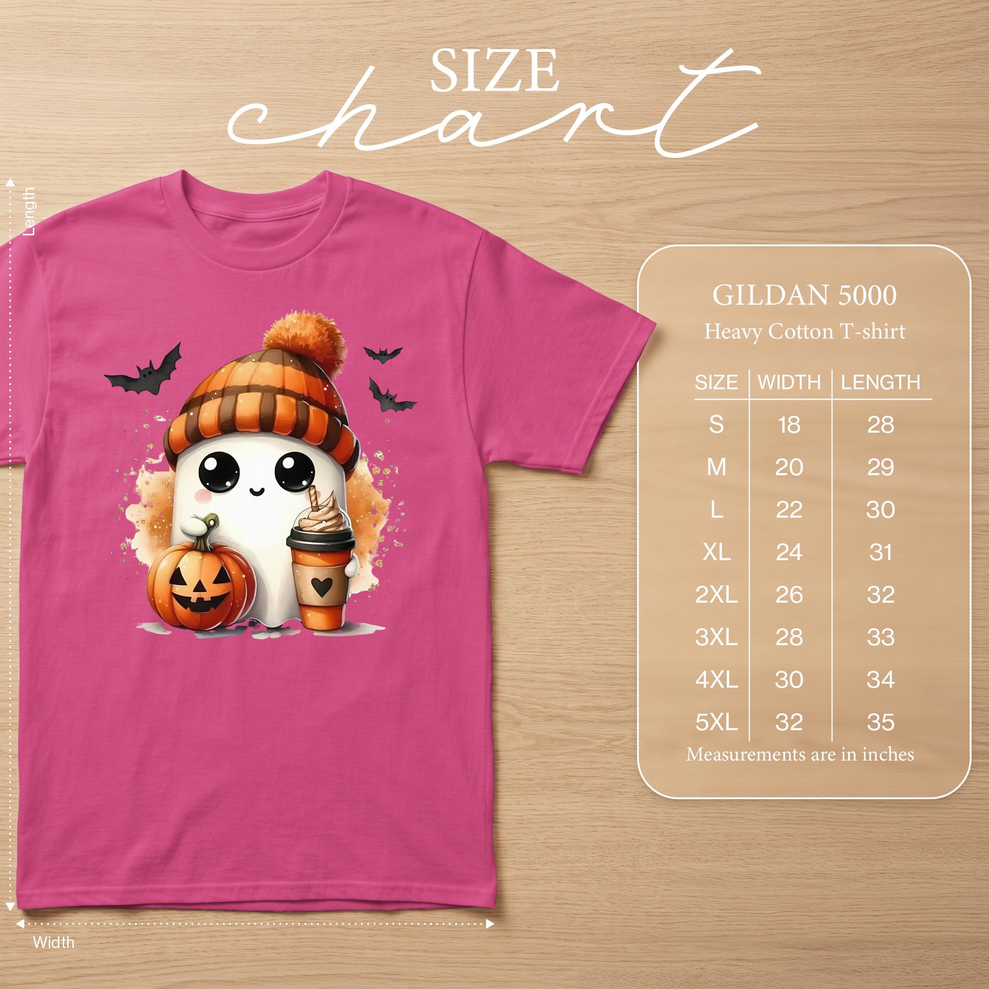 Pink t-shirt with cute ghost holding pumpkin and coffee, with size chart.