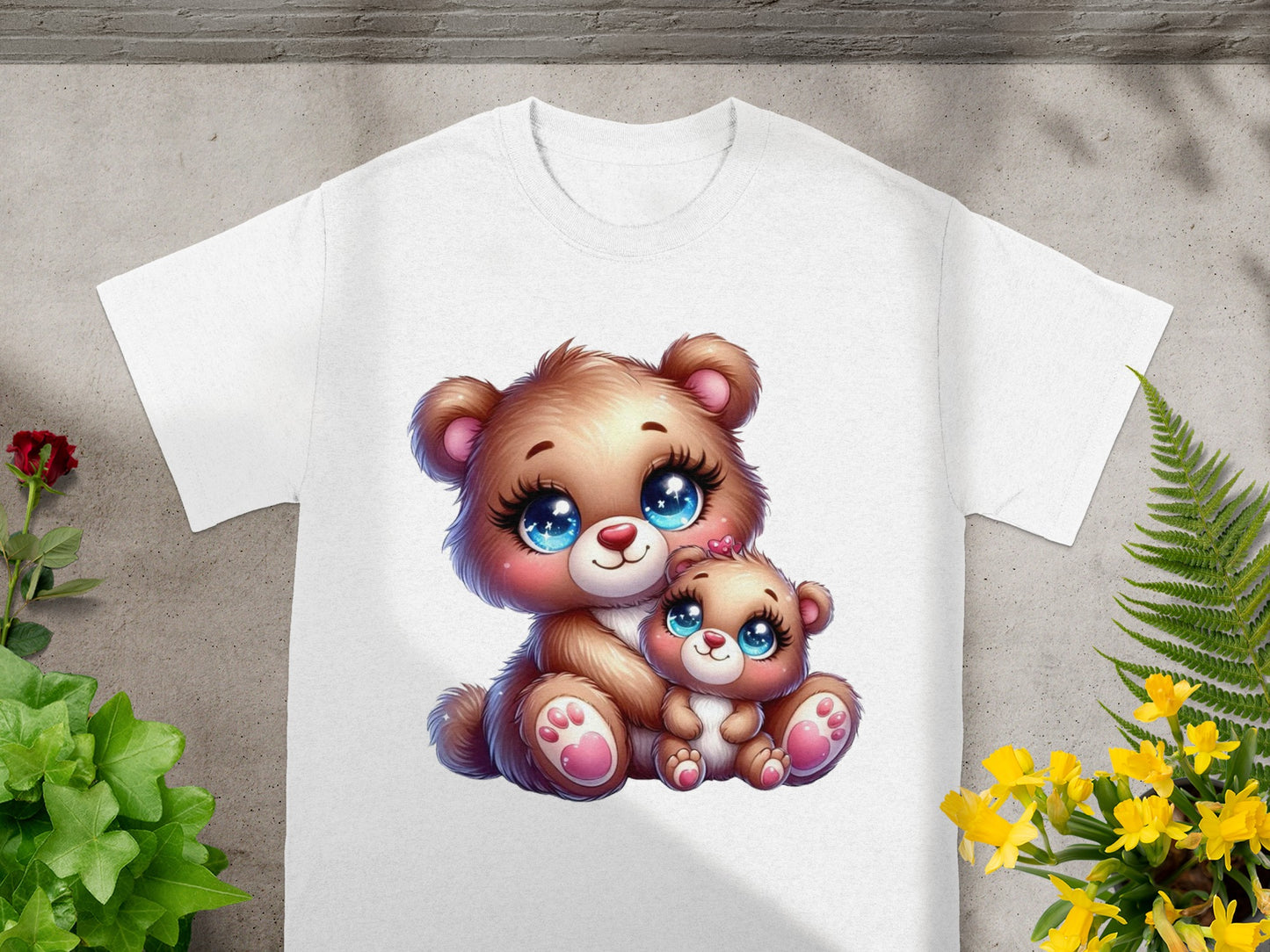 White t-shirt featuring a cartoon illustration of two teddy bears.