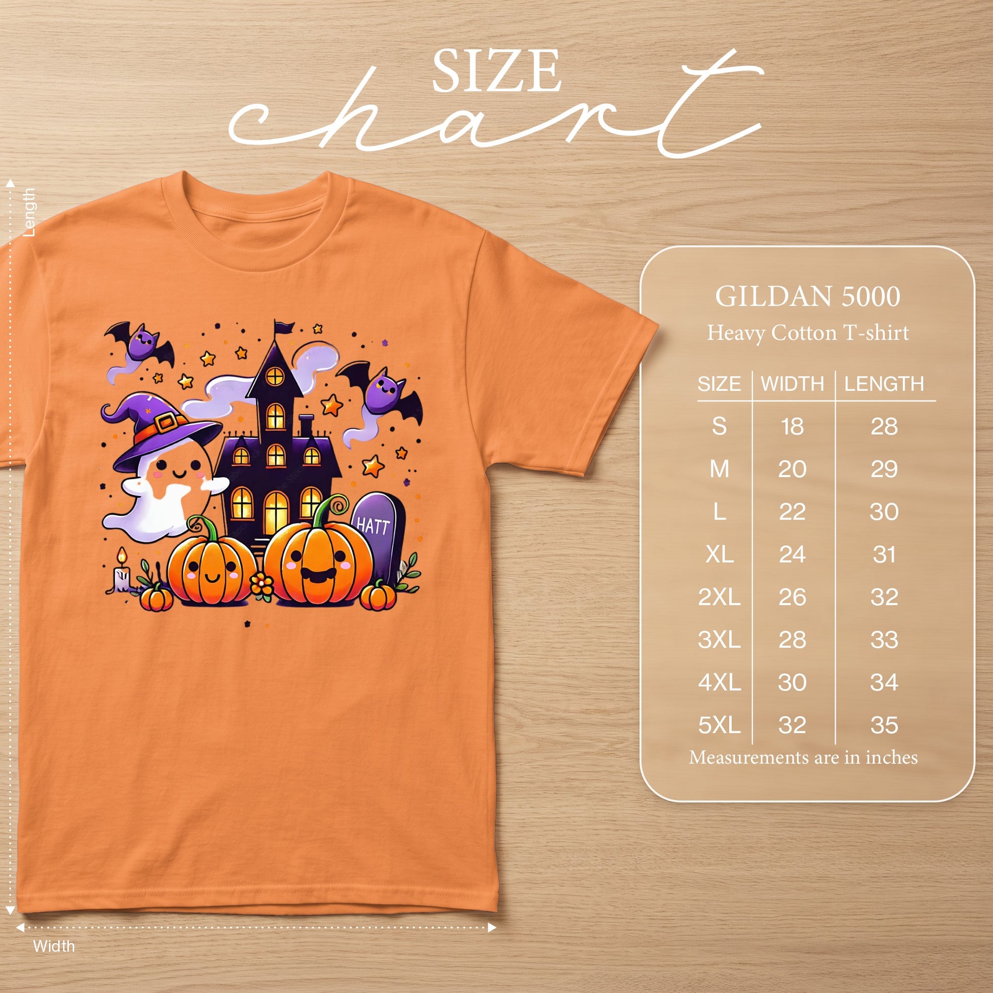 Orange t-shirt with Halloween graphic and Gildan 5000 Heavy Cotton t-shirt size chart.