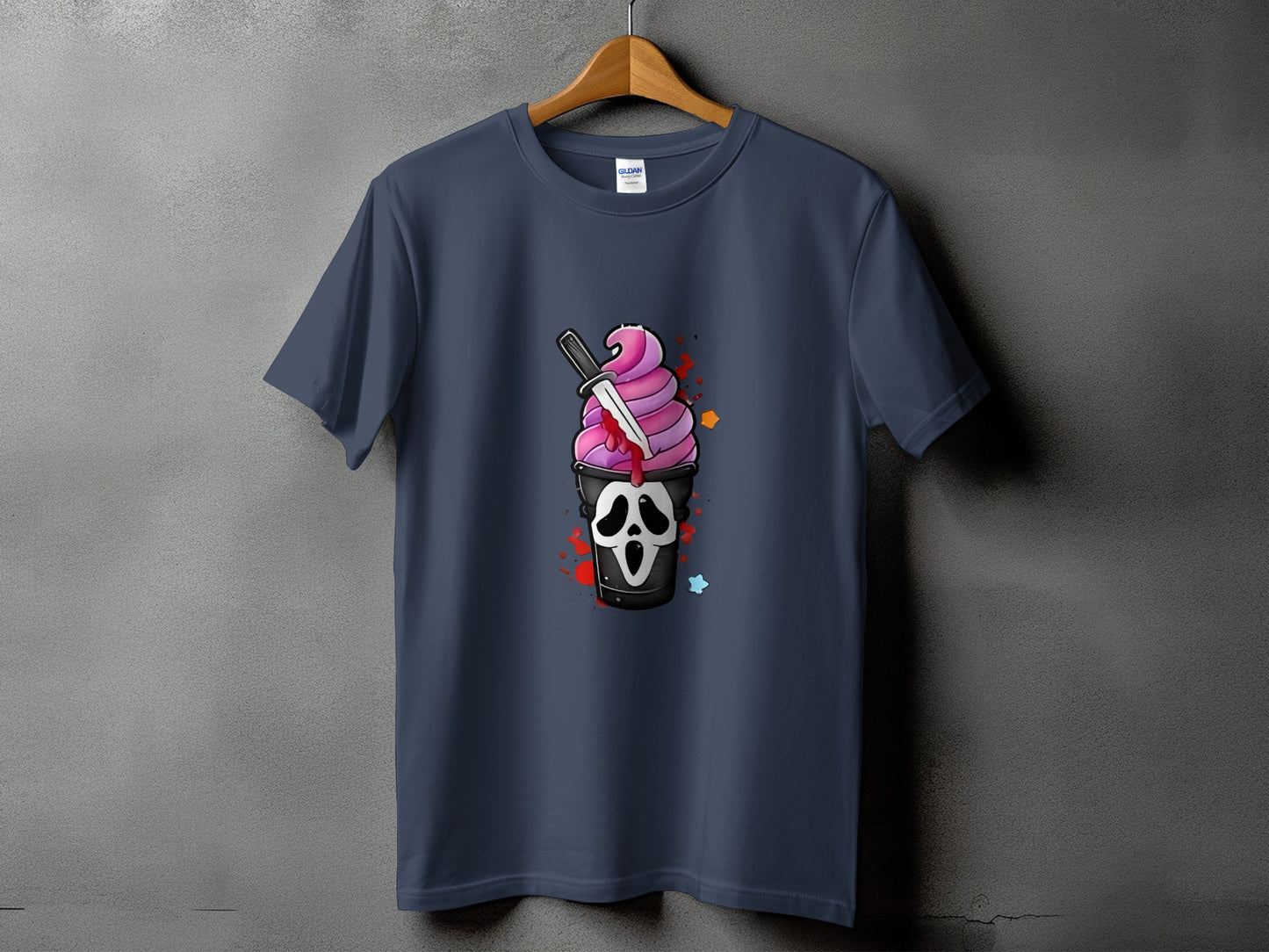 Dark t-shirt featuring a Scream mask ice cream with a knife.