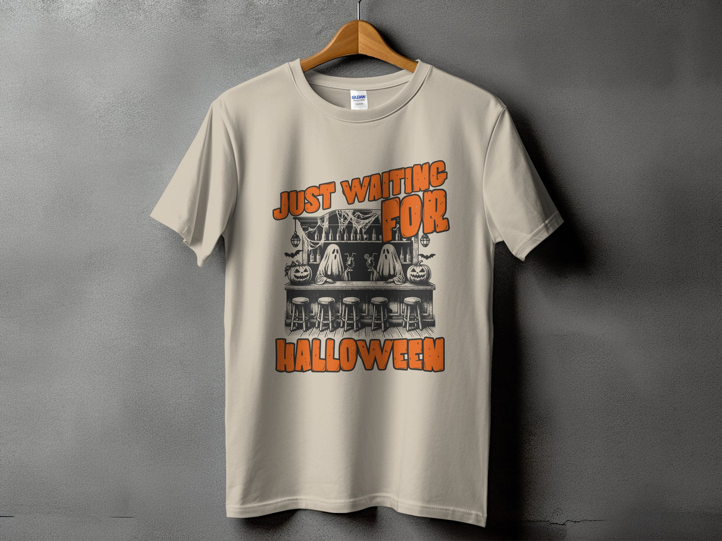Beige t-shirt with orange text "JUST WAITING FOR HALLOWEEN" and Halloween graphic.