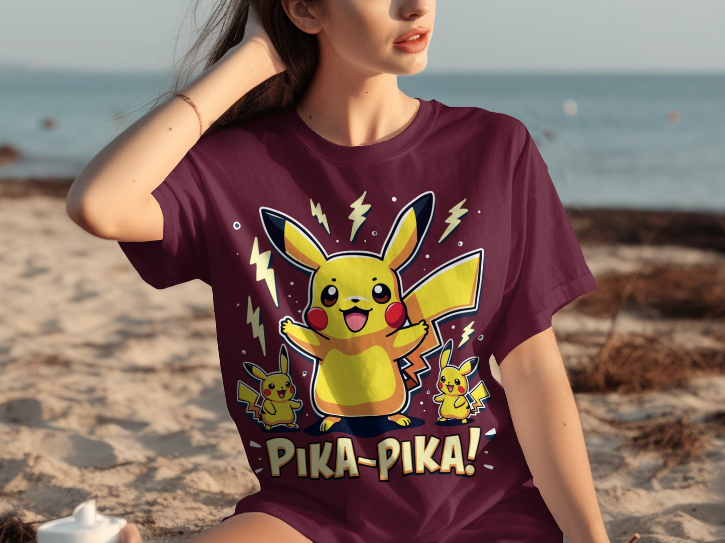 Pika-Pika Pikachu Graphic Maroon Oversized T-Shirt