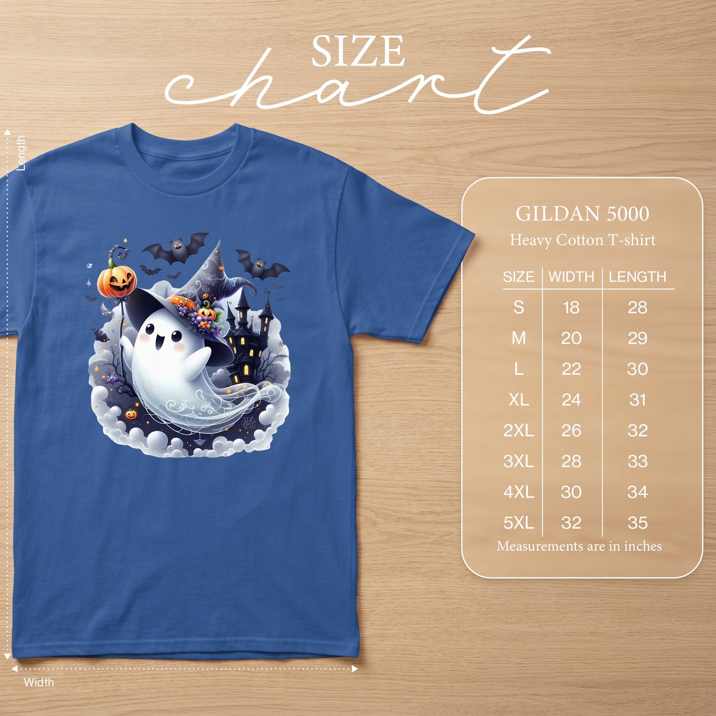 Blue Gildan 5000 heavy cotton t-shirt with a cute ghost Halloween graphic and size chart.