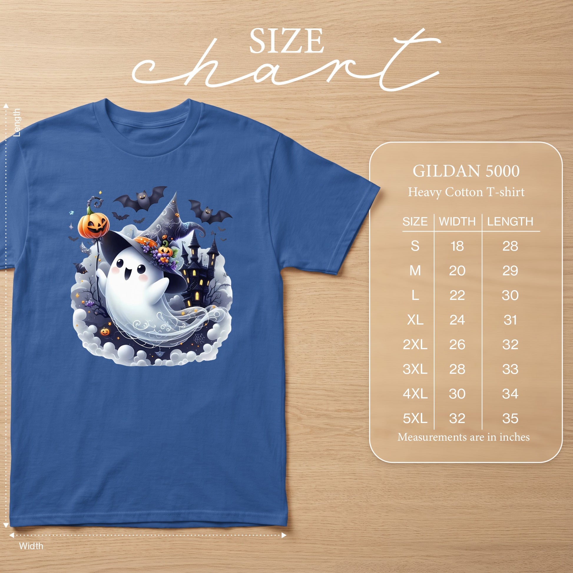 Blue Gildan 5000 heavy cotton t-shirt with a cute ghost Halloween graphic and size chart.