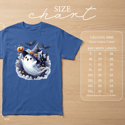 Blue Gildan 5000 heavy cotton t-shirt with a cute ghost Halloween graphic and size chart.