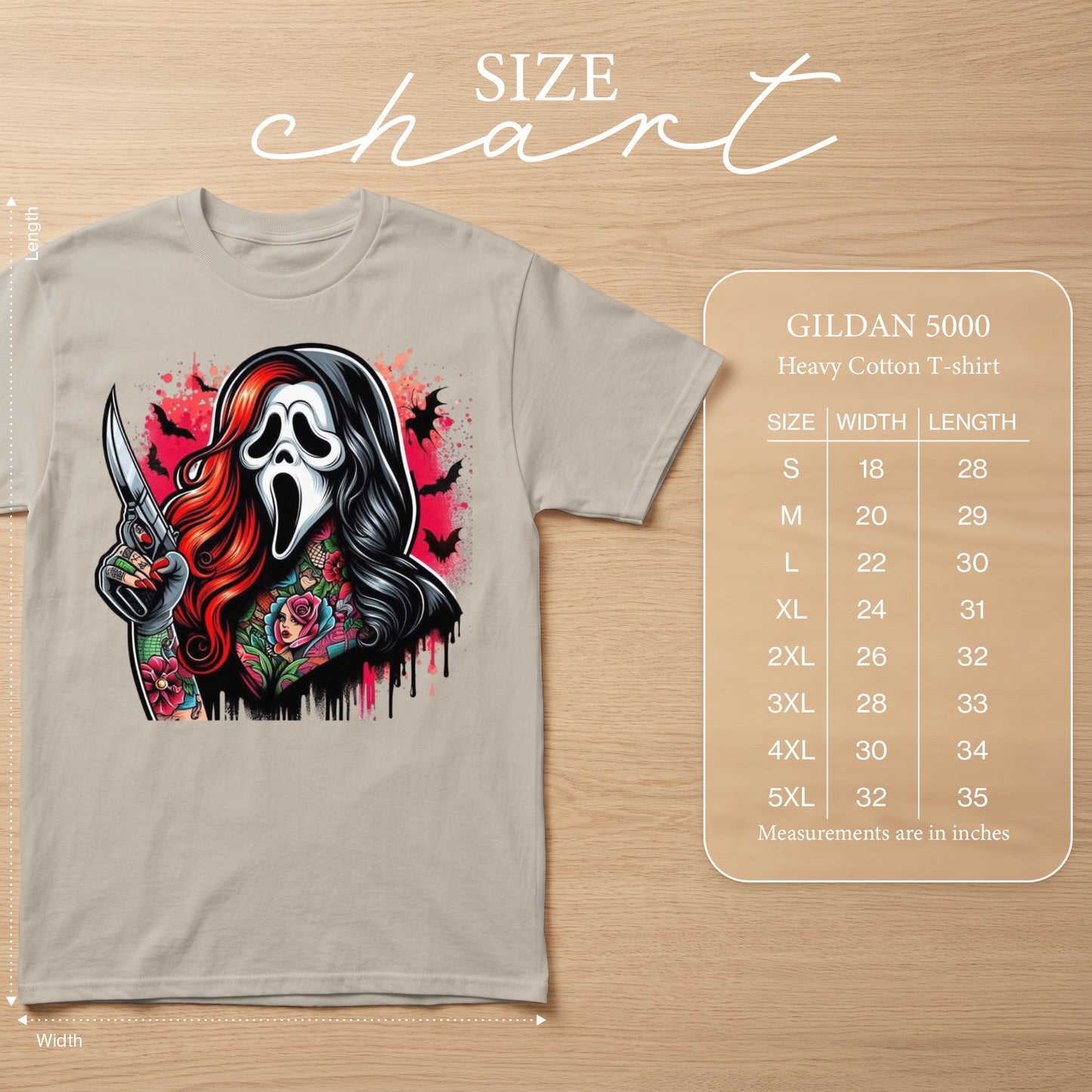 Light grey Gildan 5000 t-shirt with ghost face, knife, and tattoos graphic.