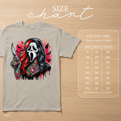 Light grey Gildan 5000 t-shirt with ghost face, knife, and tattoos graphic.