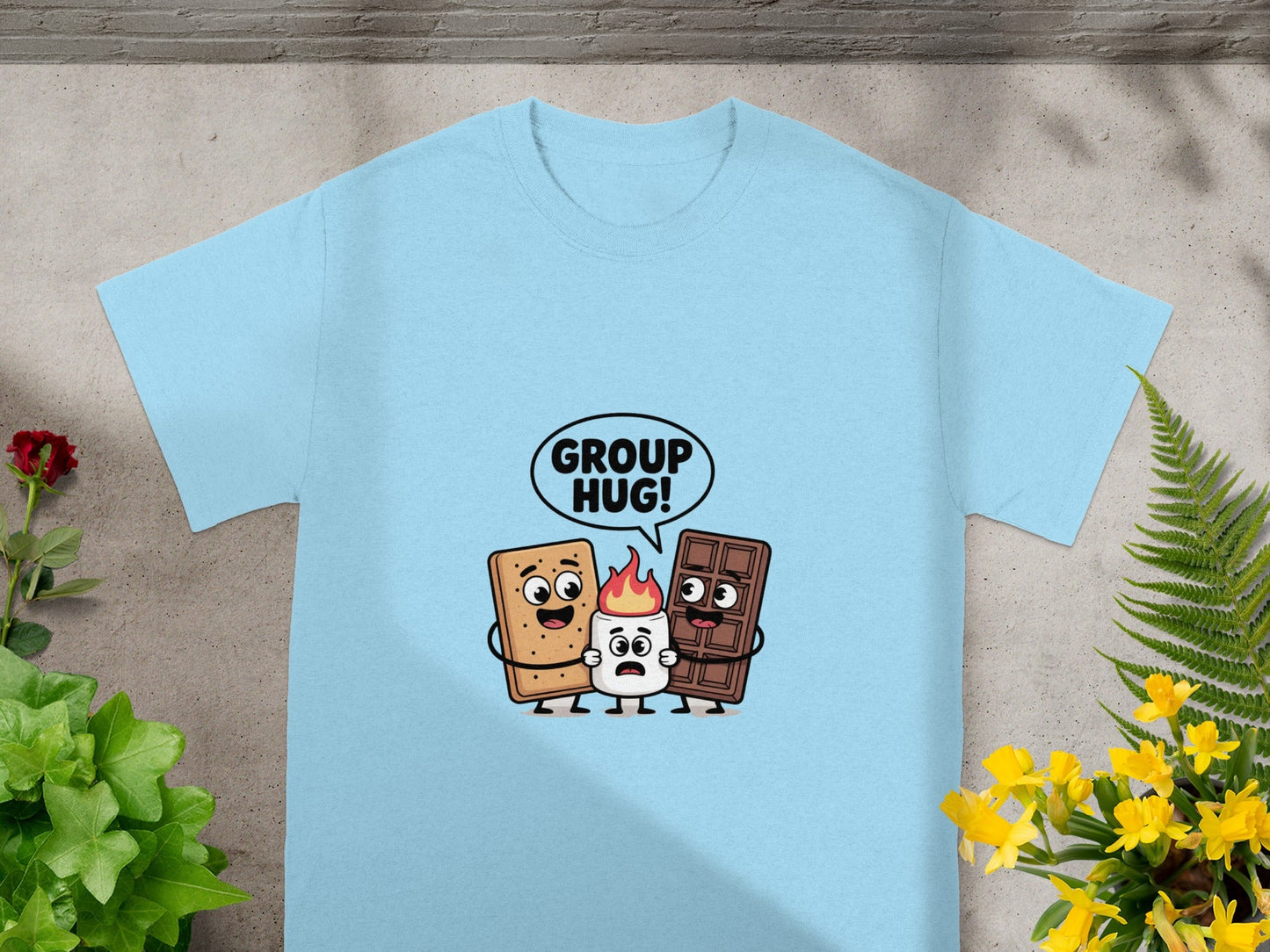 Group Hug Smores Cartoon Characters on Light Blue Shirt
