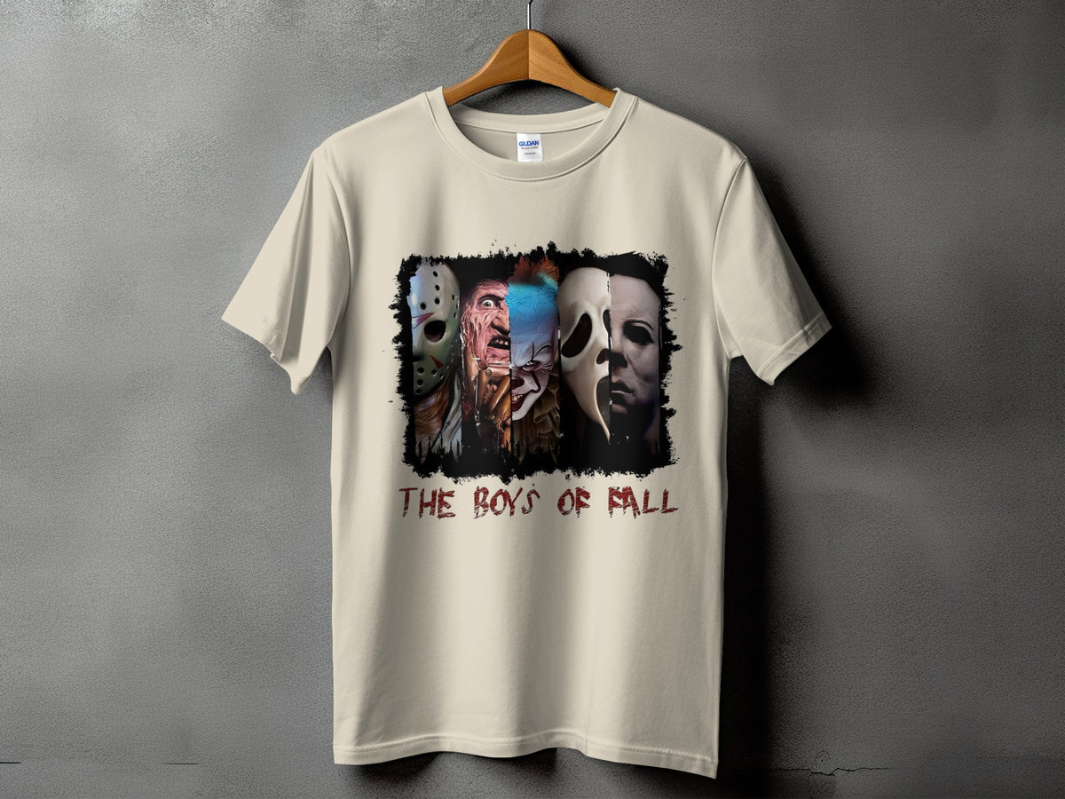 Light cream t-shirt with horror movie characters and "The Boys of Fall" text.