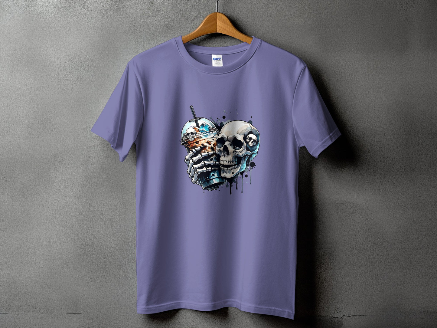 T-shirt with a skeleton holding a coffee cup and a skull with coffee splashes.