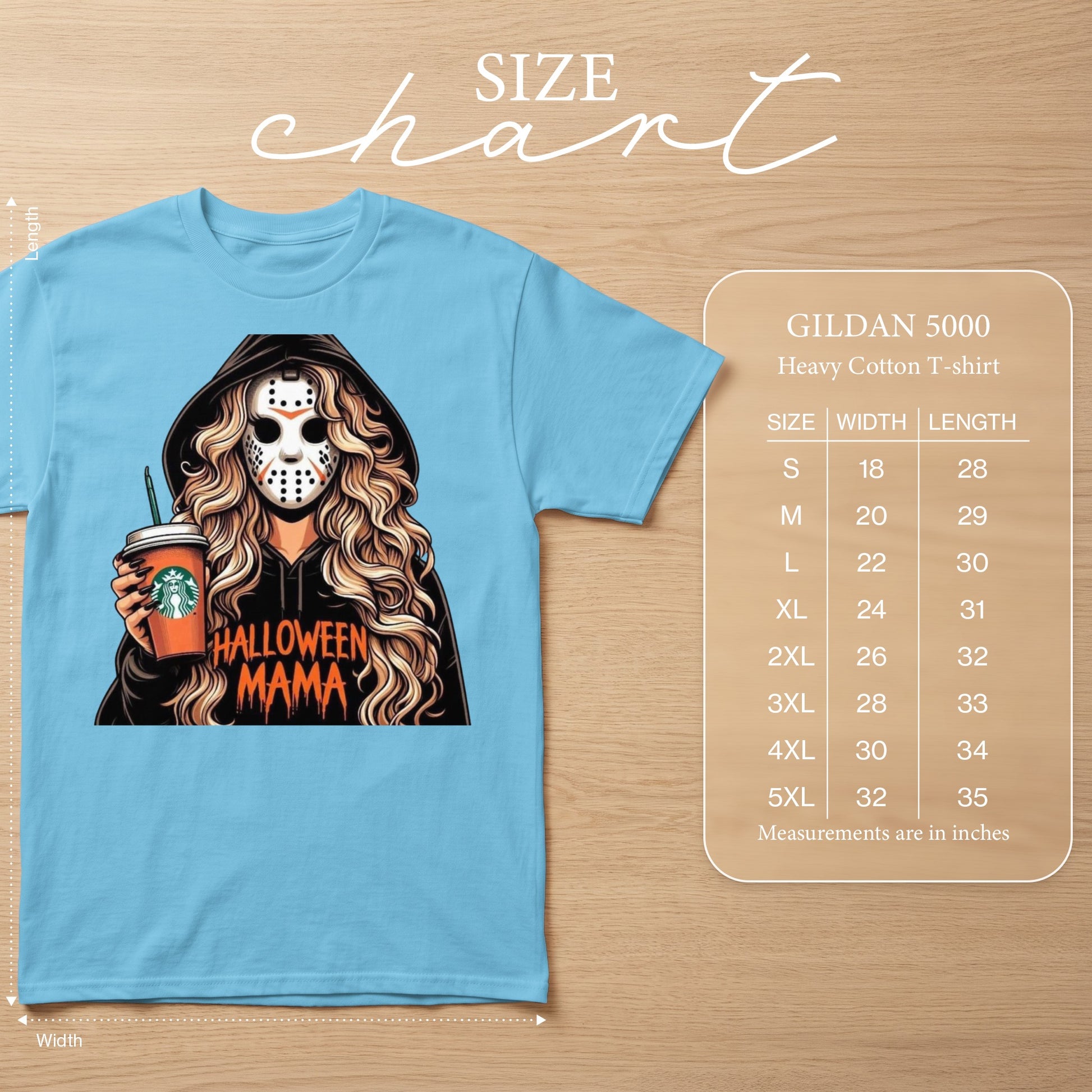 Light blue t-shirt with "Halloween Mama" graphic and size chart.