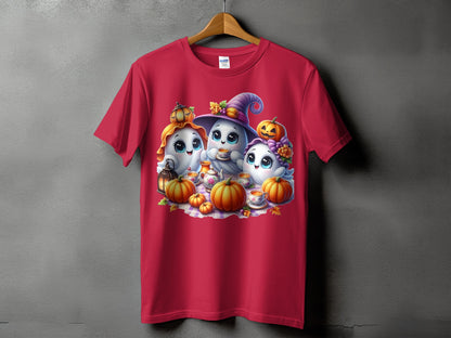 Red t-shirt with cute Halloween ghosts and pumpkins, wearing a witch hat.