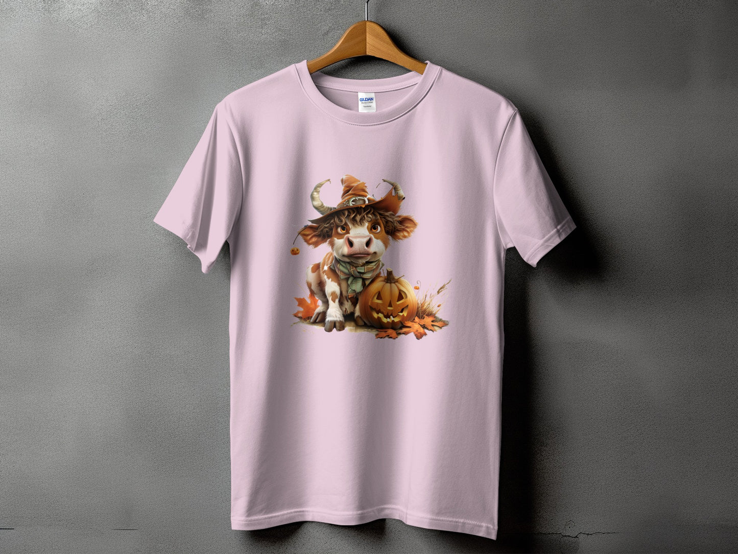 Illustration of a cow in a witch hat with a pumpkin and autumn leaves.