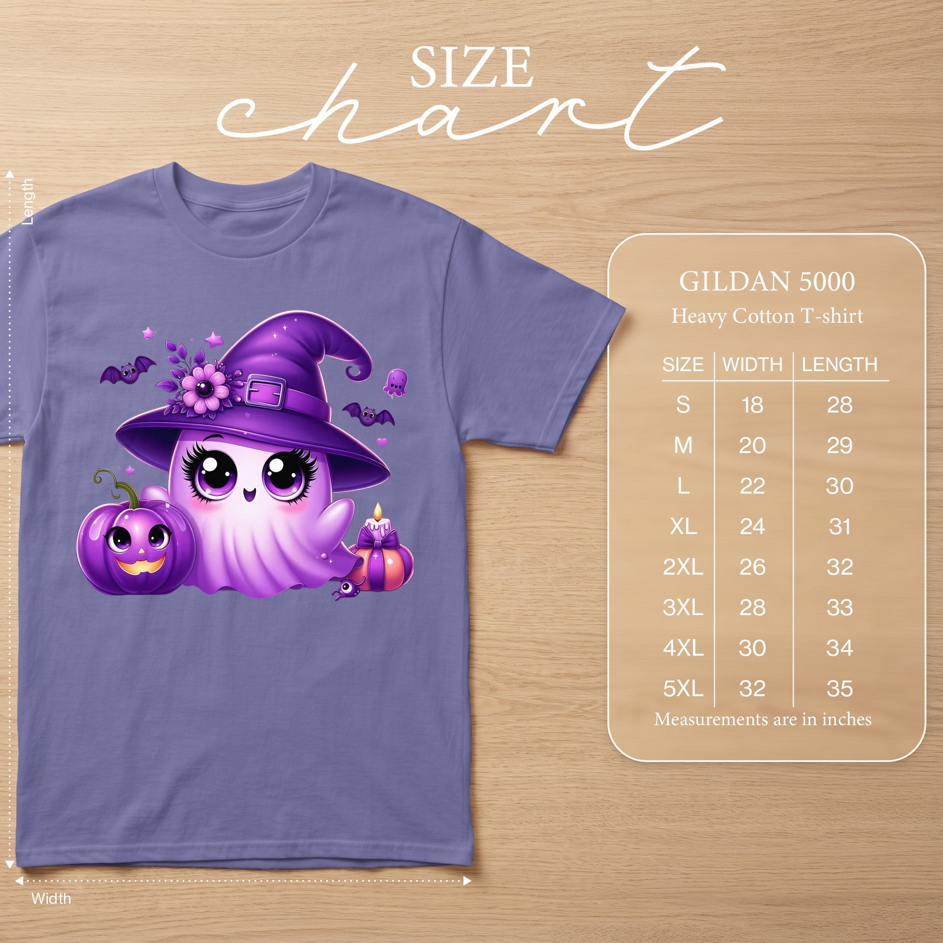 Purple t-shirt featuring a cute ghost with a witch hat, pumpkin, and bats, alongside a Gildan 5000 size chart.