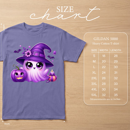 Purple t-shirt featuring a cute ghost with a witch hat, pumpkin, and bats, alongside a Gildan 5000 size chart.