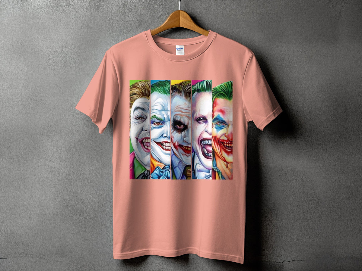 Peach t-shirt with a graphic of five distinct Joker faces in colorful vertical panels.