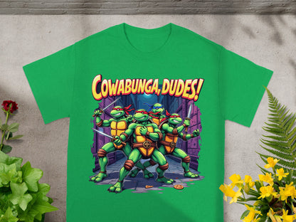 Teenage Mutant Ninja Turtles in a city alley with "COWABUNGA, DUDES!" text.