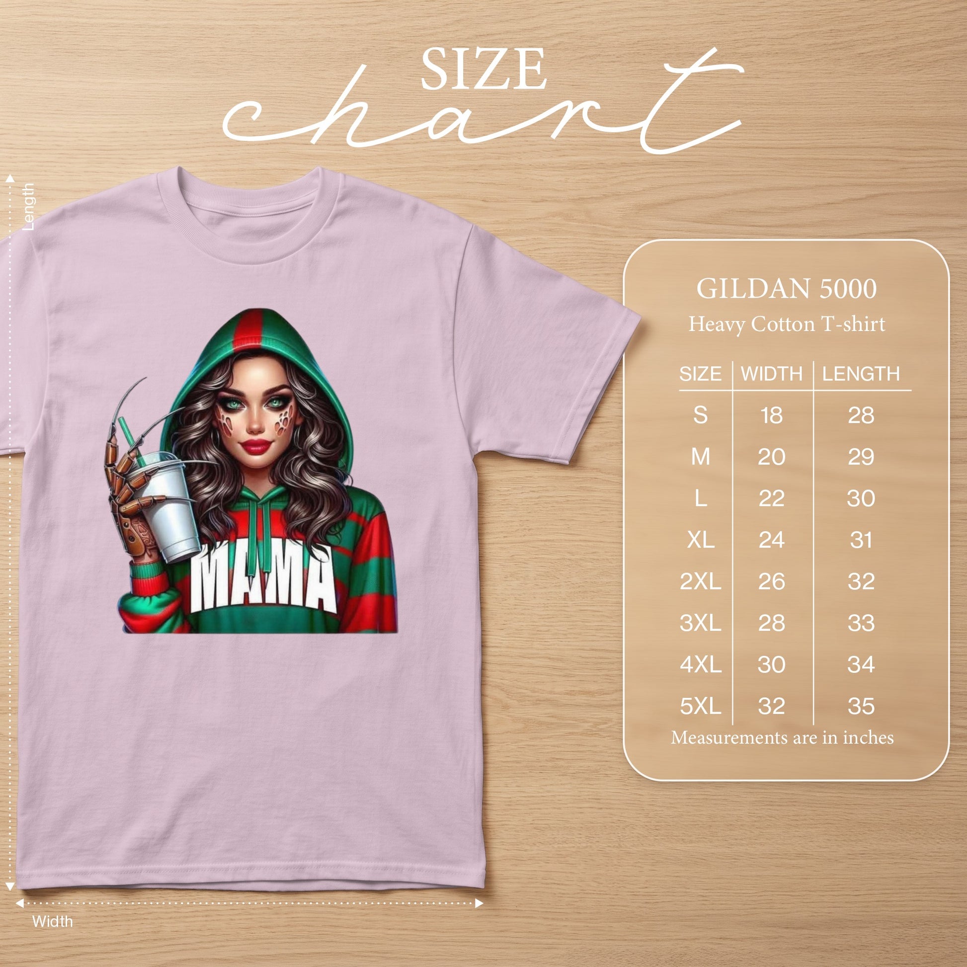Pink t-shirt with "Mama" graphic and size chart for Gildan 5000 heavy cotton t-shirt.