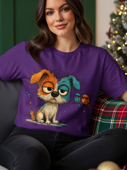 T-shirt graphic: cartoon dog with two birds, sitting on a couch.
