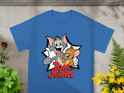 Blue t-shirt with Tom and Jerry cartoon characters in a comic-style graphic.