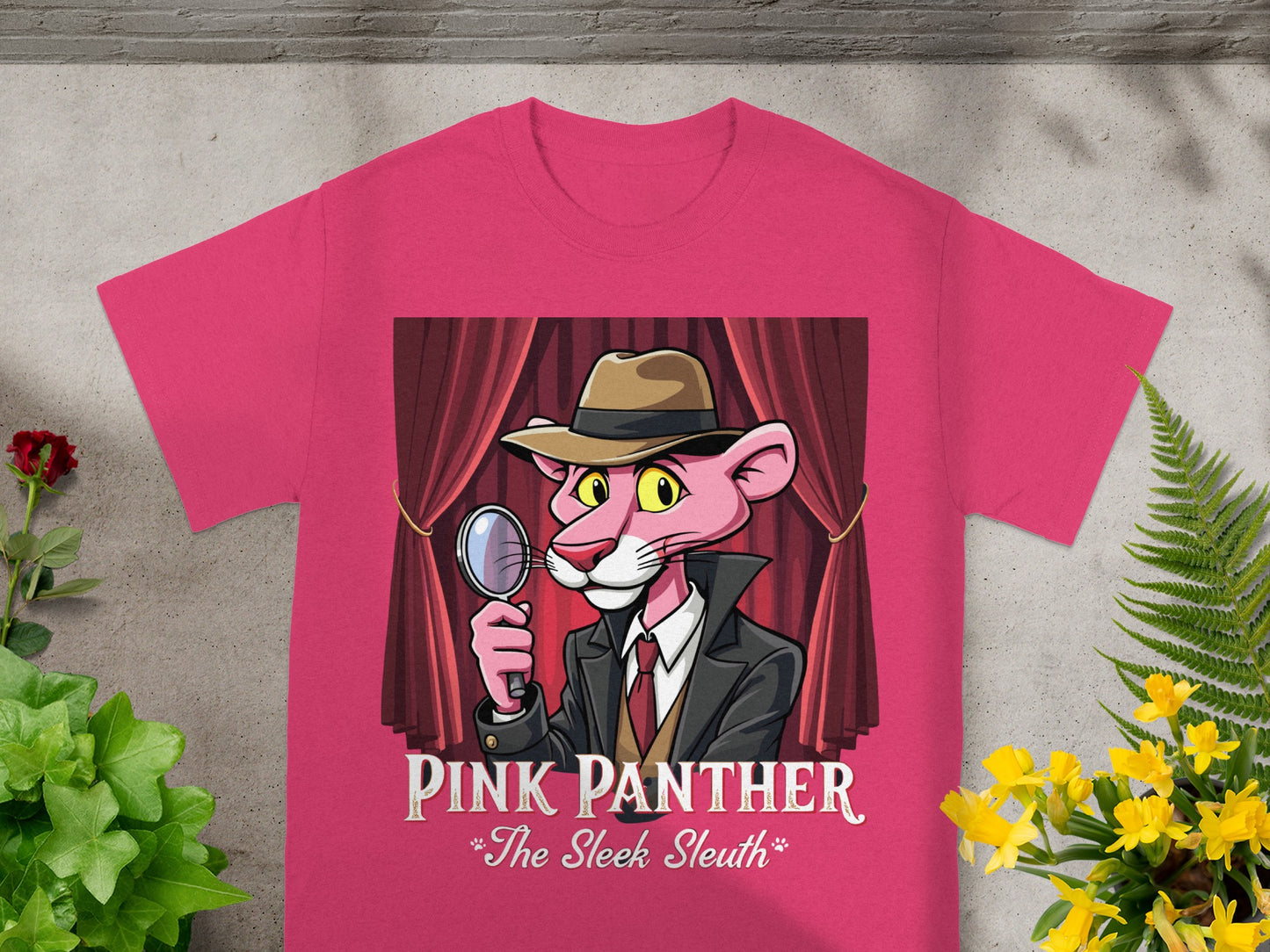 Pink Panther cartoon graphic on a pink t-shirt with magnifying glass and text.