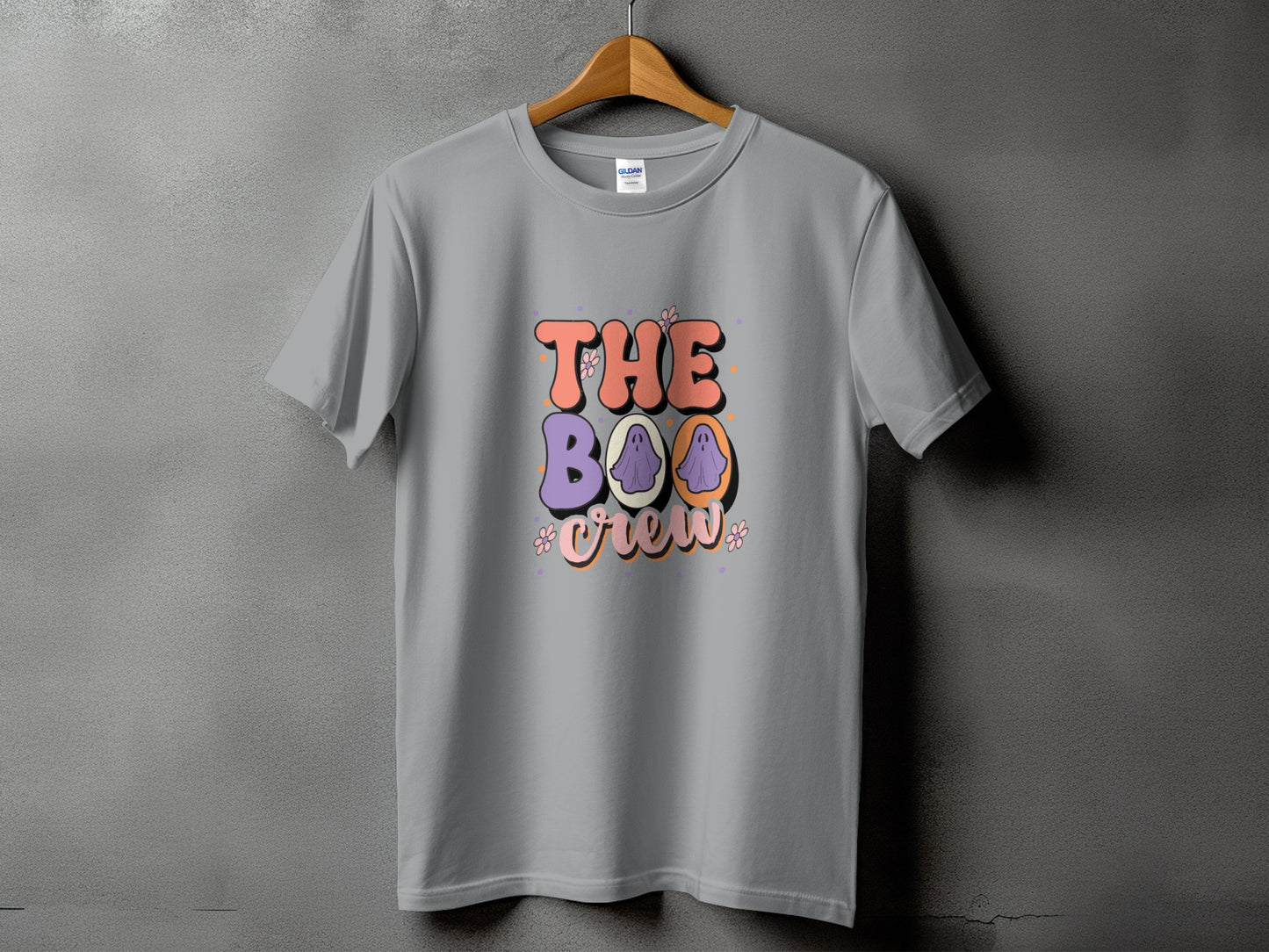 Grey t-shirt with "THE BOO CREW" text and ghost graphics.