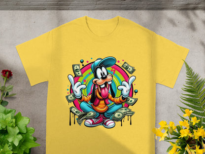 Goofy t-shirt with money falling around him, wearing a hat and sunglasses.