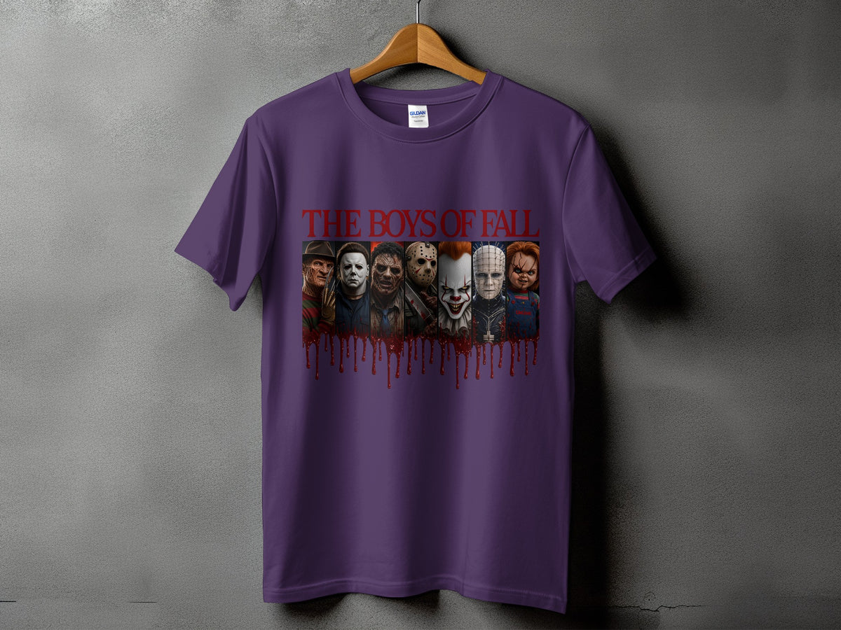 Purple t-shirt with "THE BOYS OF FALL" text and row of horror characters.