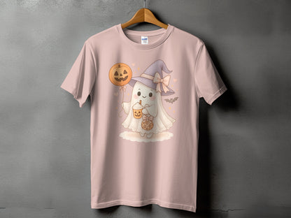 Pink t-shirt with cute ghost in witch hat holding pumpkin drink and cookie.