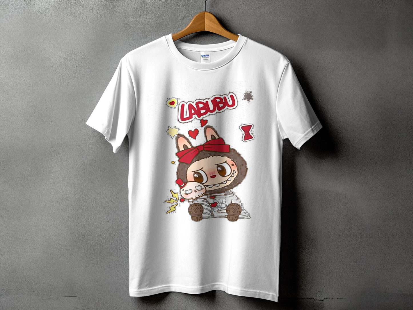 White t-shirt featuring "LABUBU" text and a cartoon character holding a small skull.