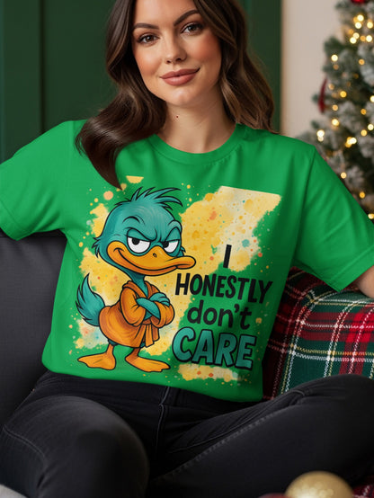 Green t-shirt with a cartoon duck and text "I HONESTLY DON'T CARE".