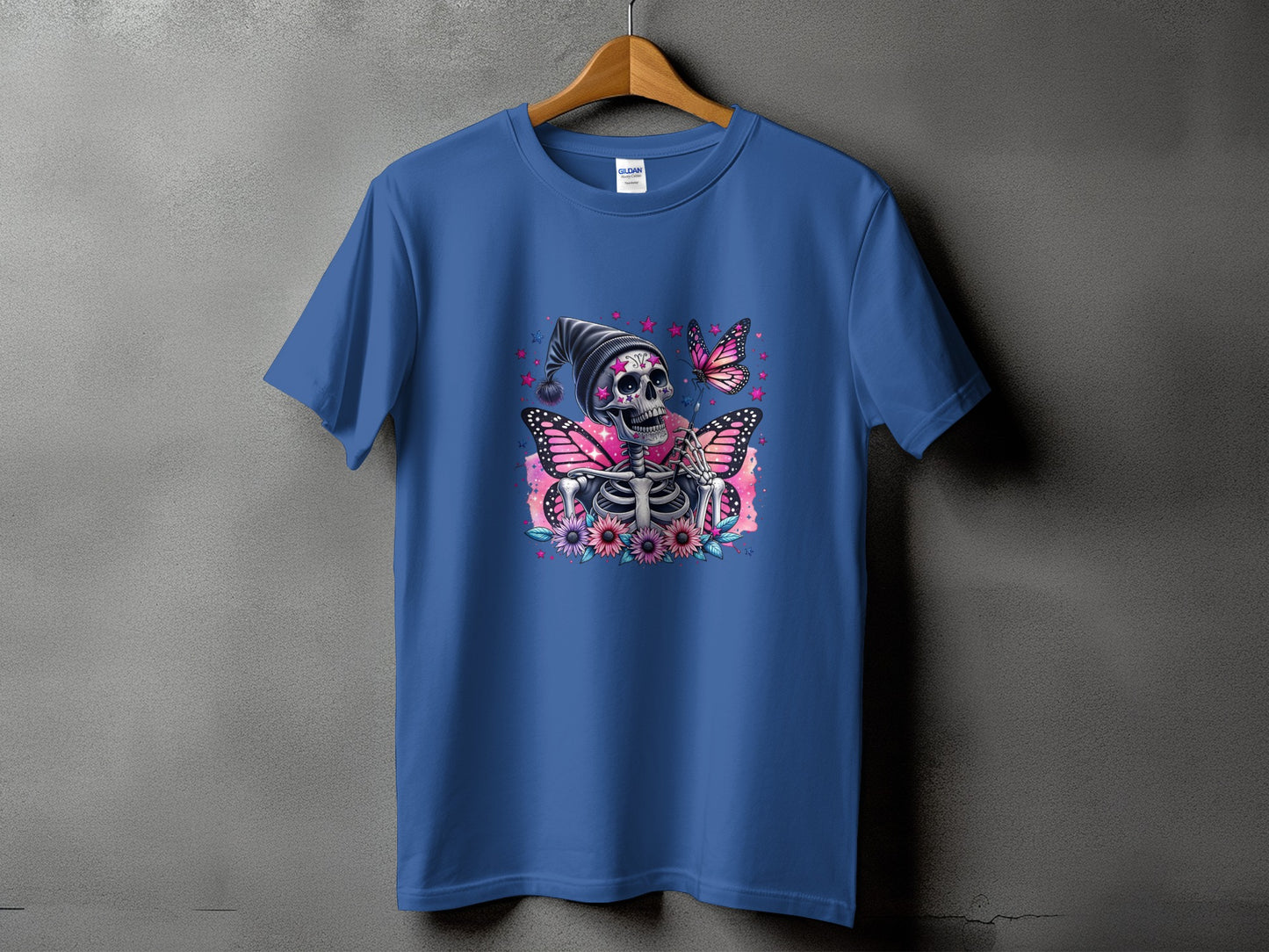 Skeleton with butterflies and flowers on blue t-shirt.