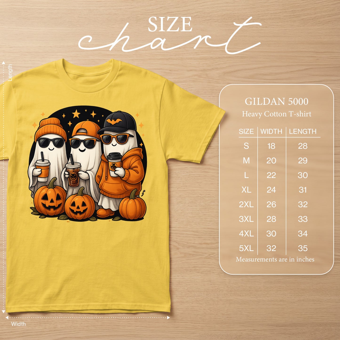 Yellow Gildan 5000 t-shirt with cartoon ghosts, pumpkins, and a size chart.