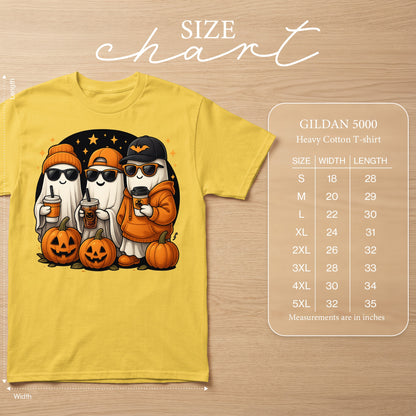Yellow Gildan 5000 t-shirt with cartoon ghosts, pumpkins, and a size chart.