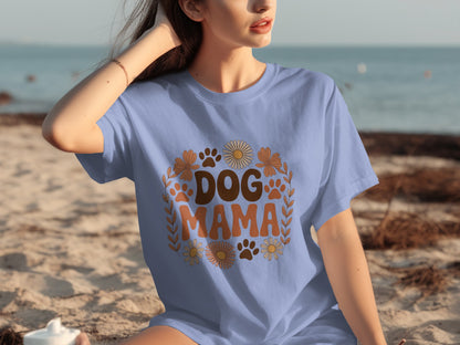 Dog Mama T-Shirt with Paw Prints and Flowers Design