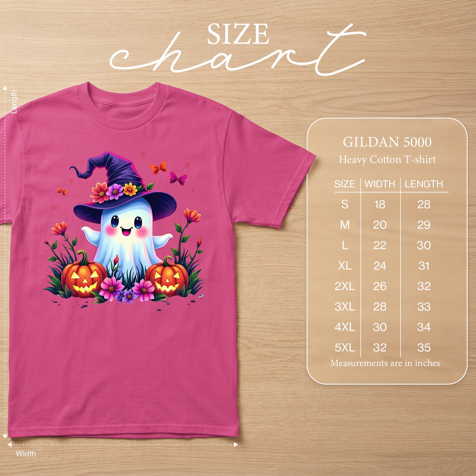Pink Gildan 5000 Heavy Cotton T-shirt with Halloween ghost and pumpkins graphic.
