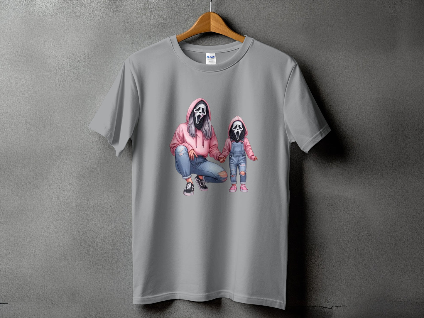 Gray t-shirt with graphic of Ghostface figures in pink hoodies and jeans.