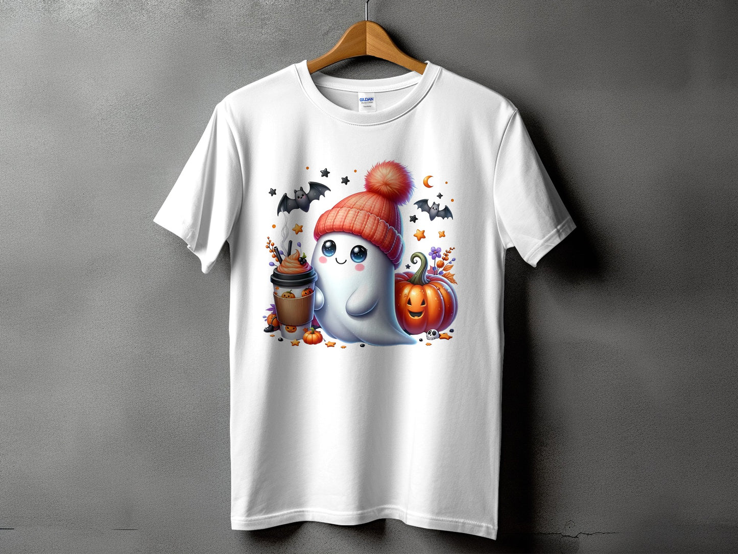 White t-shirt with a cartoon ghost wearing a beanie and holding a coffee cup.