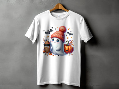 White t-shirt with a cartoon ghost wearing a beanie and holding a coffee cup.