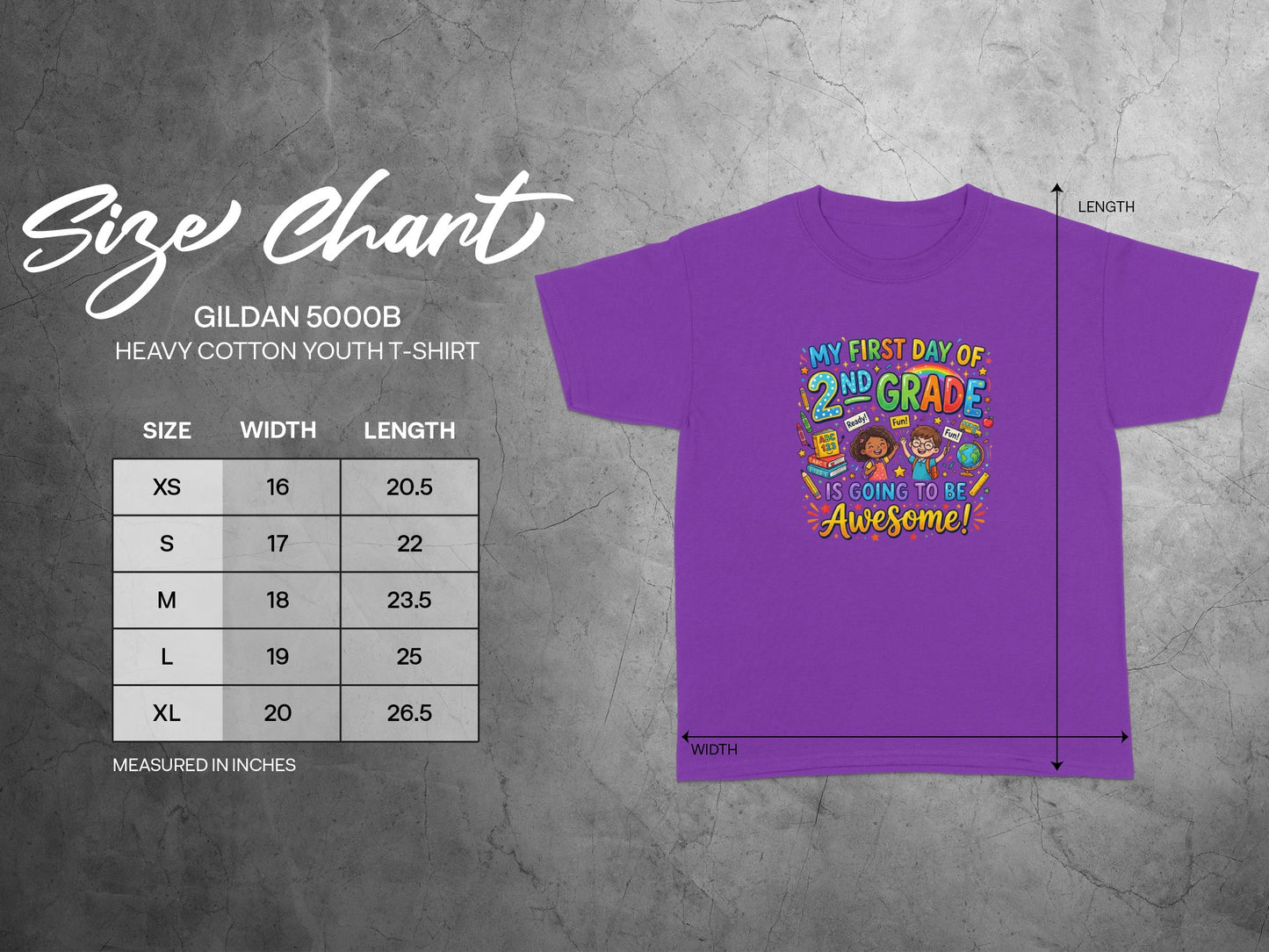 Size chart for Gildan 5000B youth t-shirt with graphic.