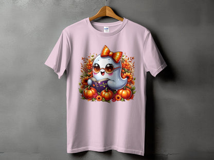 Pink t-shirt with cute ghost, sunglasses, bow, pumpkins, and book with "HALLOSTER" text.