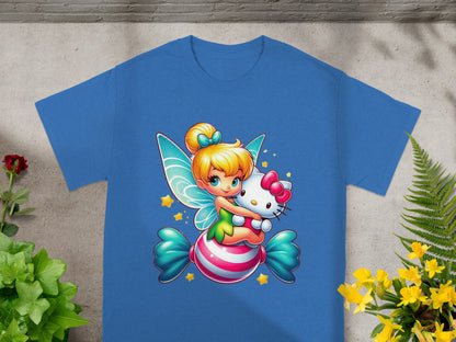Blue t-shirt with a cartoon fairy hugging Hello Kitty on a candy.