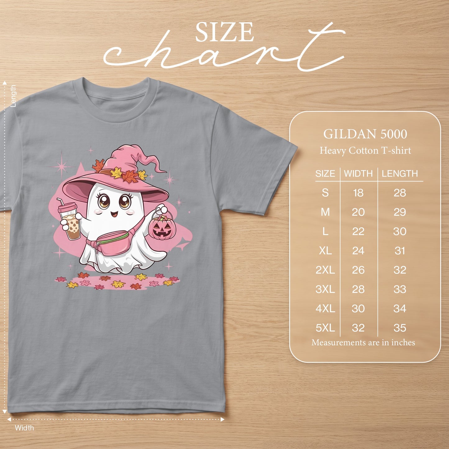 Gildan 5000 size chart showing width and length measurements for sizes S through 5XL.