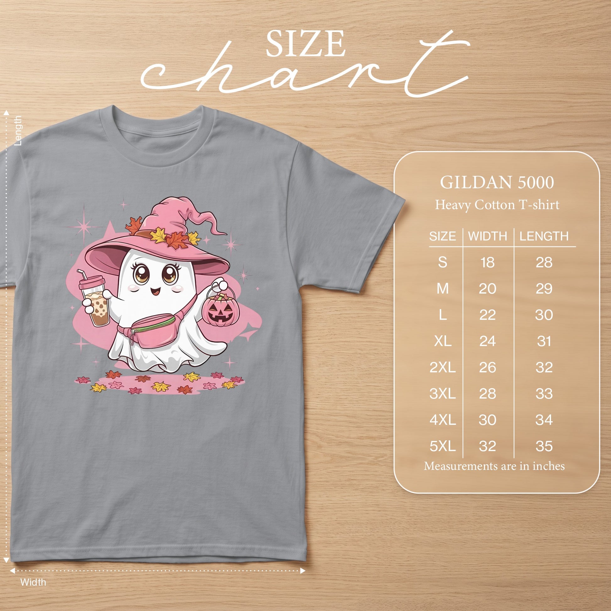 Gildan 5000 size chart showing width and length measurements for sizes S through 5XL.