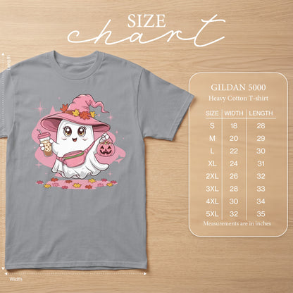 Gildan 5000 size chart showing width and length measurements for sizes S through 5XL.