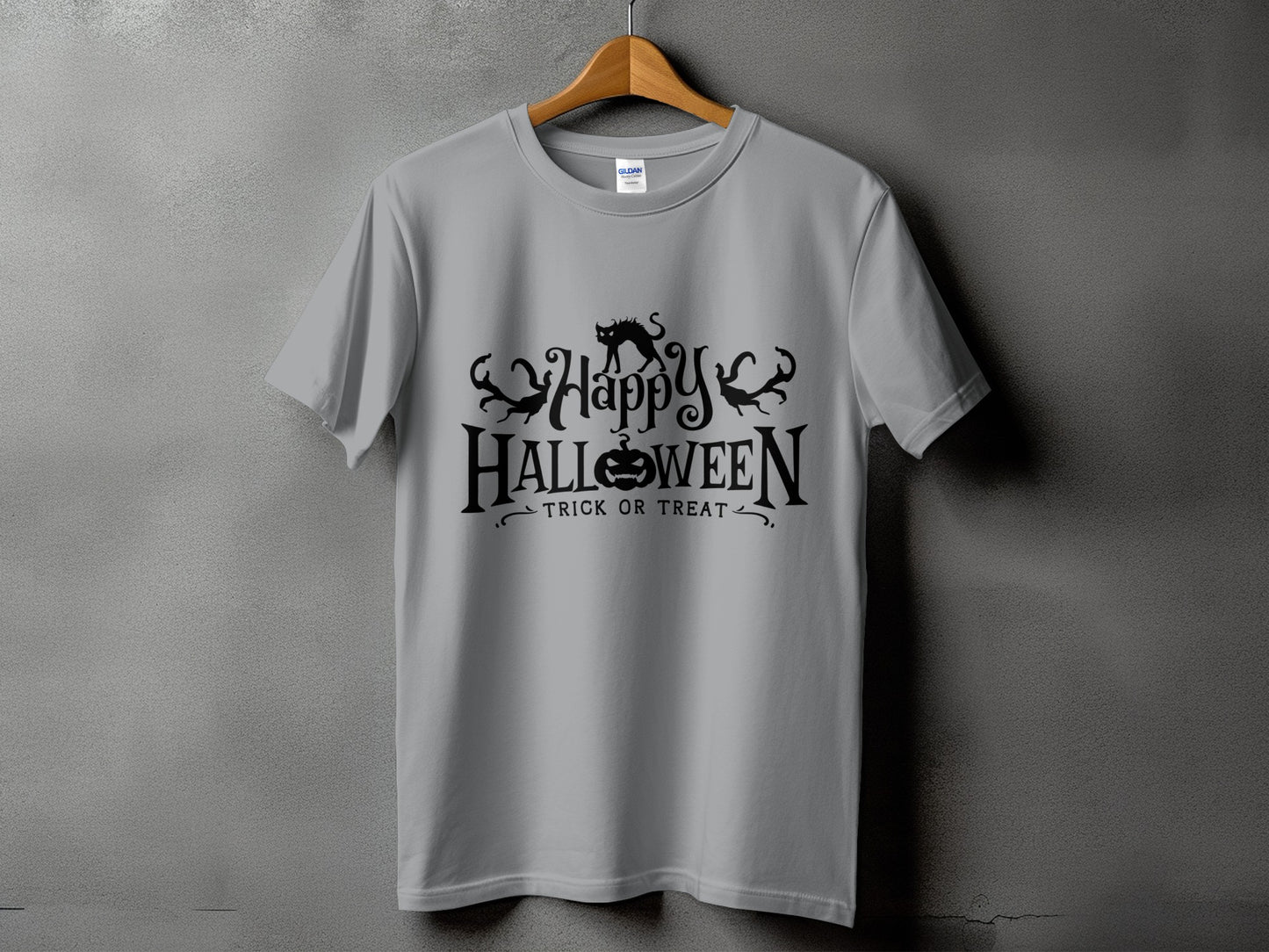 Grey t-shirt with black "Happy Halloween Trick or Treat" text and graphics.