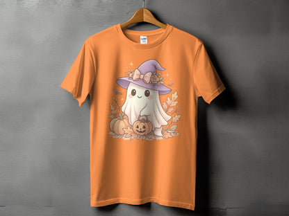 Orange t-shirt with a cute ghost, pumpkins, and fall leaves Halloween graphic.
