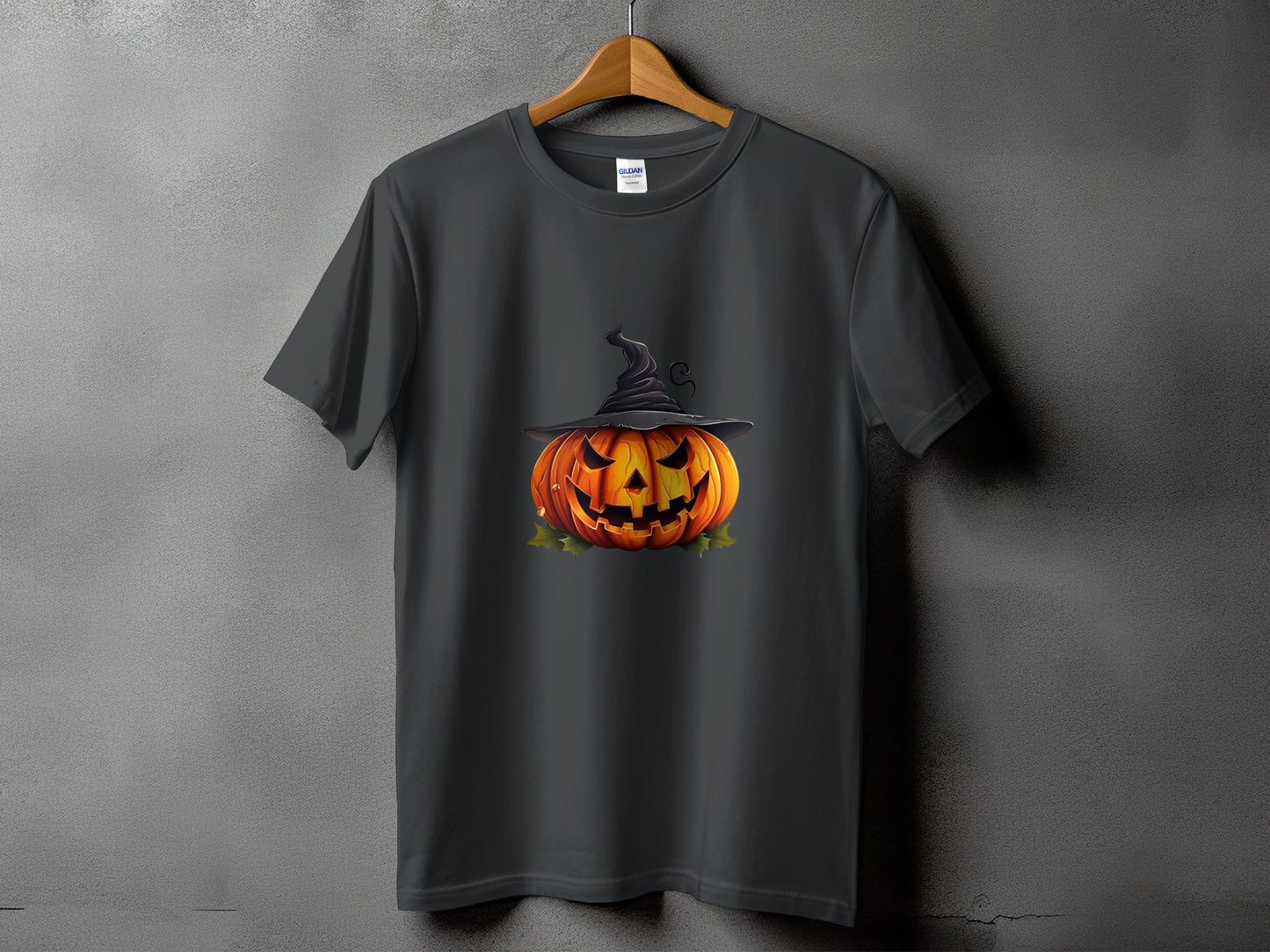 Dark gray t-shirt with a Jack-o'-lantern wearing a witch hat graphic.